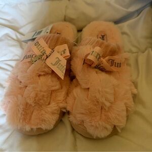Juicy Couture Blush Pink Plush Slide Slippers with Ribbon Trim